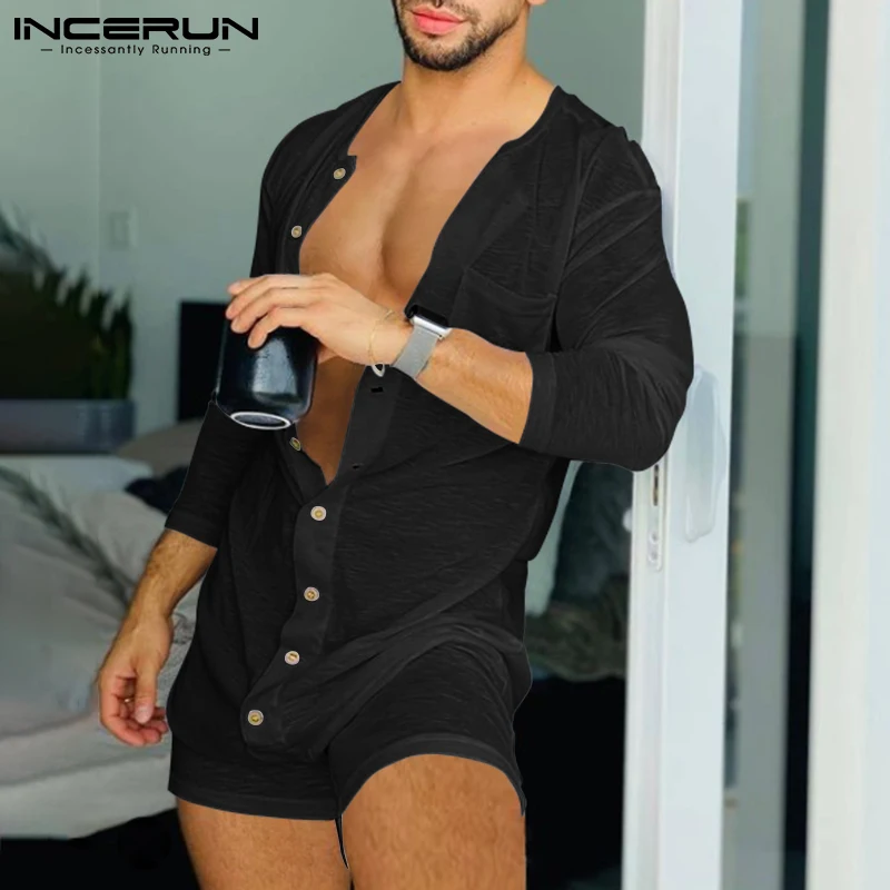 Men Pajamas Rompers Solid Color O Neck Long Sleeve Button Jumpsuits