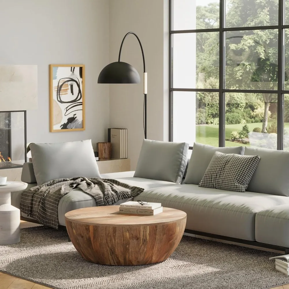 Solid Mango Wood Modern Industrial 34 Inch Wide Drum Coffee Table in Natural, Fully Assembled 2