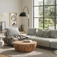 Solid Mango Wood Modern Industrial 34 Inch Wide Drum Coffee Table in Natural, Fully Assembled 2