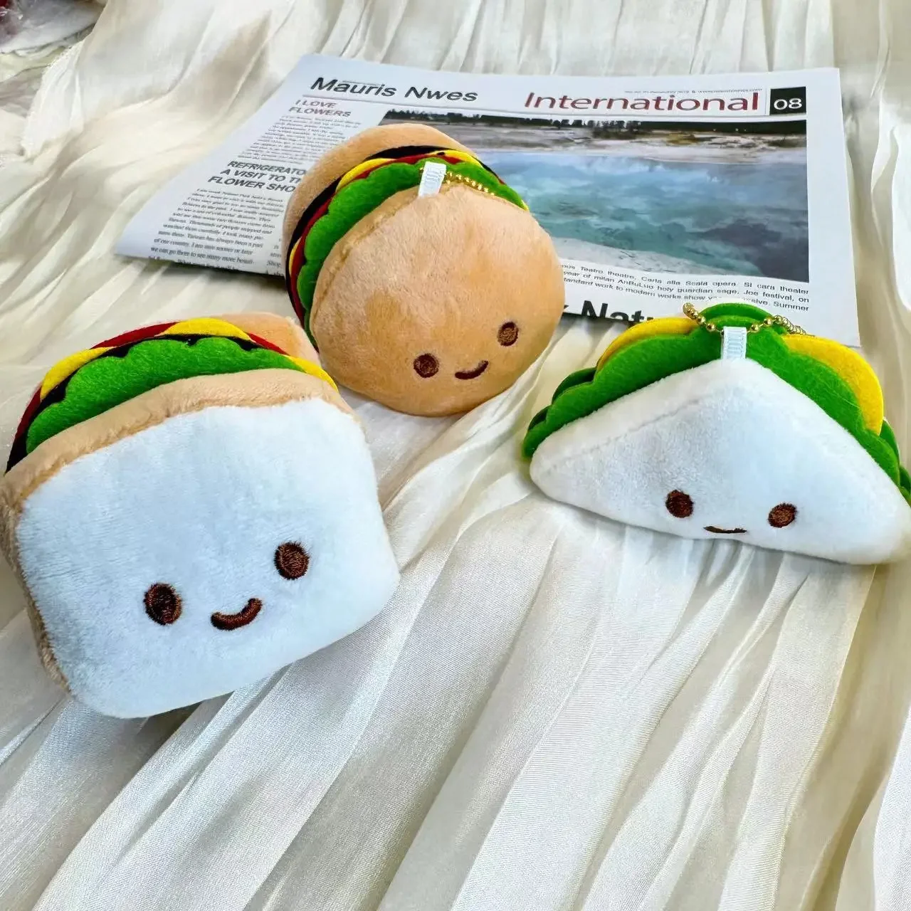 Korean Q Version Simulation Food Hamburger Three Mentally Plush Doll Wall Hanging Toy Expression Bag Toast Keychain PP Cotton Fi