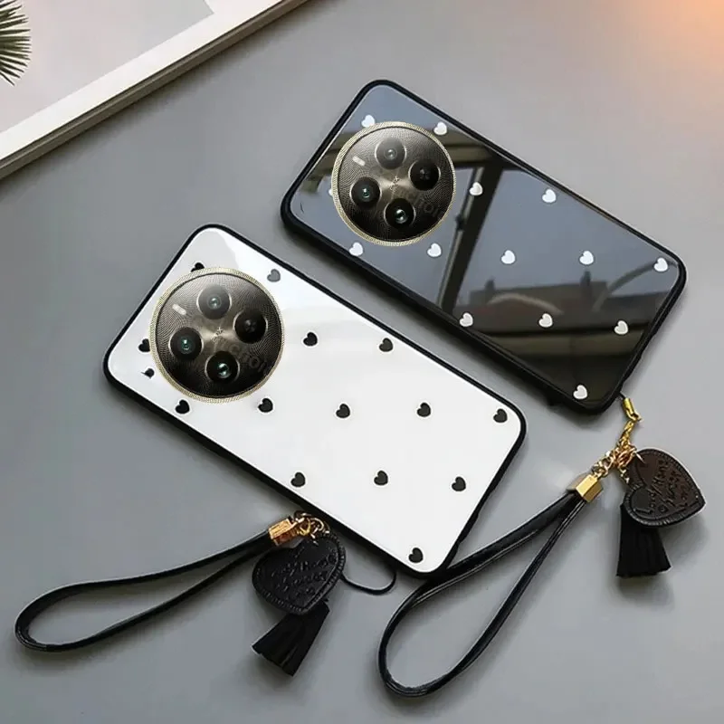 Love Heart Pattern Tempered Glass Shockproof Protection Case with Tassel Lanyard