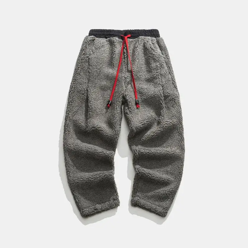 Winter Men Solid Color Fleece Pants Male Vintage Fashion Thick Oversized Harem Pants Men Lamb Wool Warm Trousers