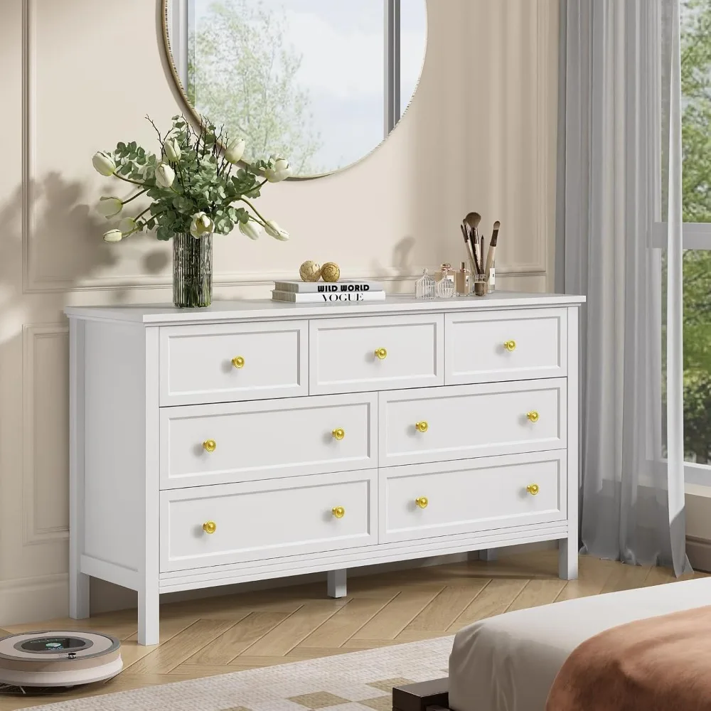 white dresser for bedroom, 7 drawer dresser with wide drawers and gold metal handles, 55" white and gold dresser tv stand, mode