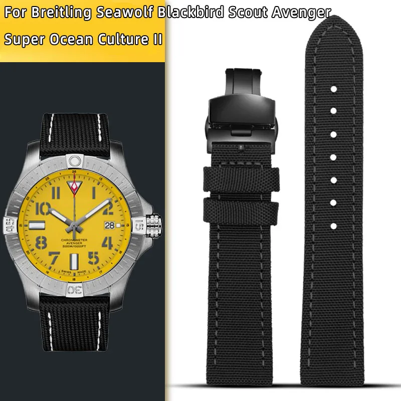 브라이틀링용 나일론 가죽 시계 스트랩, Seawolf Blackbird Avenger Tudor Black Shield 캔버스 시계 밴드, 남성용 팔찌, 20mm, 22mm, 24mm