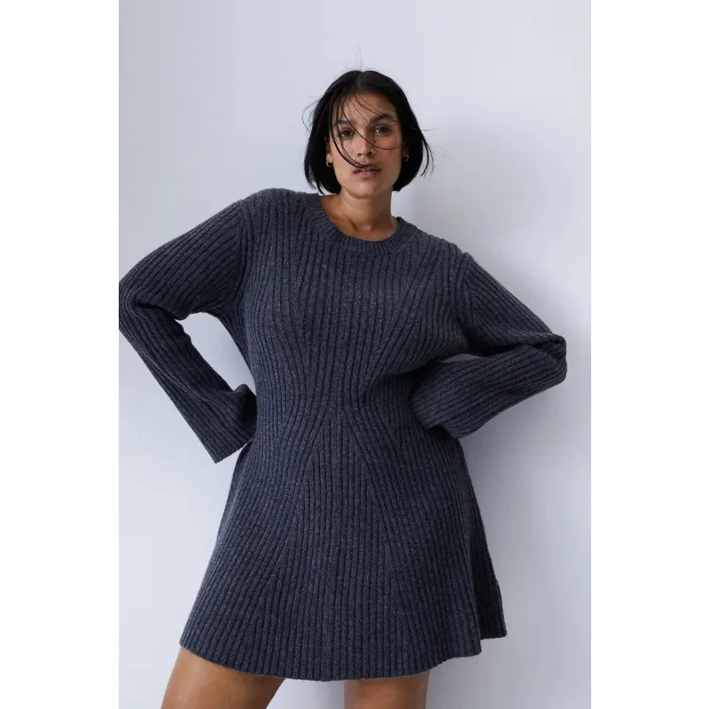 Hollow Out Ribbed Knitwear Mini Dress Female Sexy Loose High Waist Patchwork Party Dress Casual Elegant Knit Women Dress