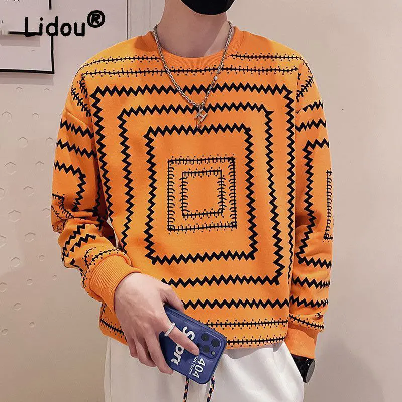 

Spring Autumn New Y2K Korean Print Casual Sweatshirt Man Round Neck Long Sleeve Trendy Pullover Fashion Tops Streetwear Clothes