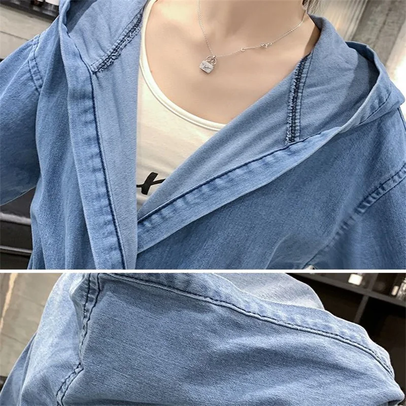 

2023 Spring Long Sleeve Loose Coat Female Lace Up Drawstring Lady Outwear Plus Size Blue Long Denim Hooded Windbreaker Jacket
