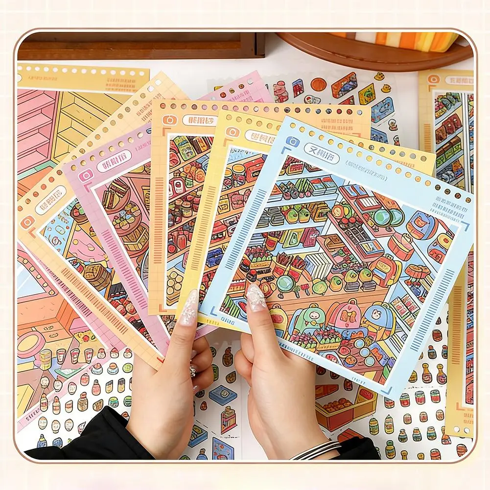 3D 미니어처 슈퍼마켓 재입고 스티커북 DIY 조용한 책 간식 음료 보관 시뮬레이션 장면 스티커 어린이 장난감