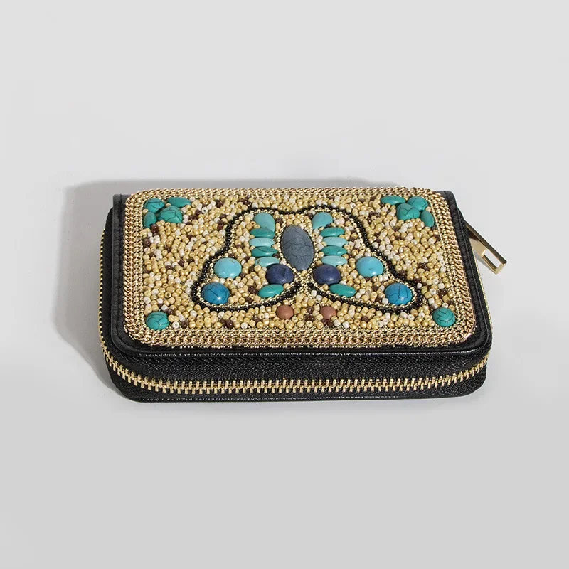 Bohemian Style Coin Pouch for Women Luxury Mini Beading Purse Butterfly Flowers Zipper Card Bag Cute Stone Sqaure Wallet Cartera