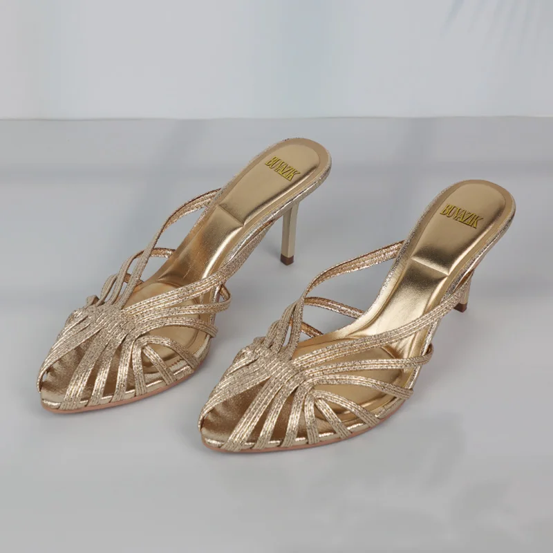 New Gold Hollow Thin Strip Heels For Women Luxury Pointed Toe Heeled Pumps Office Lady Mules Summer Stiletto Shoe_voghion.com