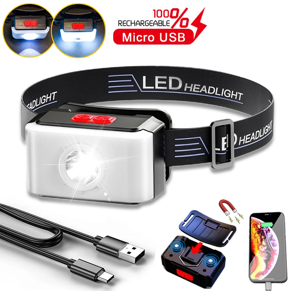 

Mini LED Headlamp USB C Rechargeable Headlight Waterproof Head Flashlight 3 Modes Fishing Camping Lantern with Magnet Work Light