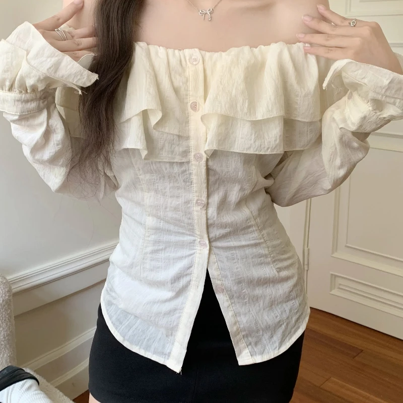 New French Gentle Style One Shoulder Fall Fashion Commuter Long Sleeve Shirt Lady 280