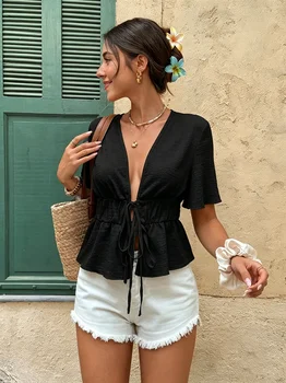 Women V Neck Flare Short Sleeve Shirt Lightweight Textured Tie Waist Peplum Blouse Casual Boho Summer Vacation Brunch Top
