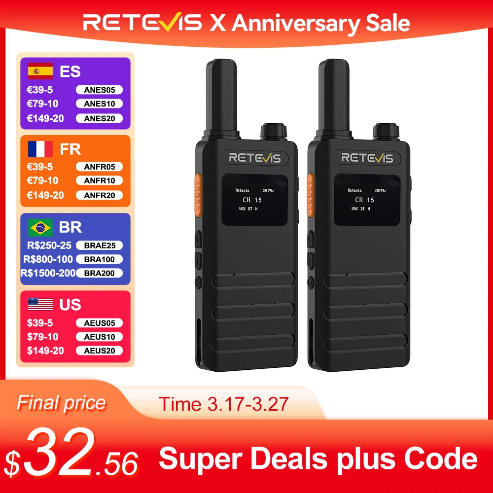 Retevis B63S Walkie Talkie with LCD Screen Portable Ultra-thin Walkie-talkie PMR/FRS License-free Two Way Radio Type C Charging