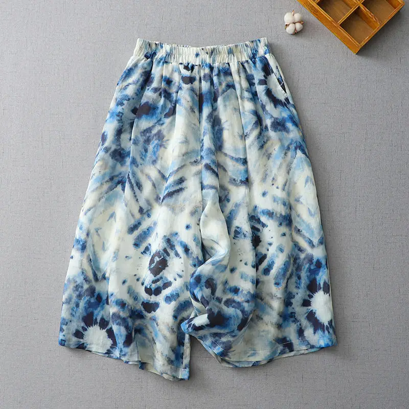 

2023 New Arrival Summer Women Vintage Print Cotton Linen Ankle-length Pants Casual Loose Elastic Waist Wide Leg Pants P556