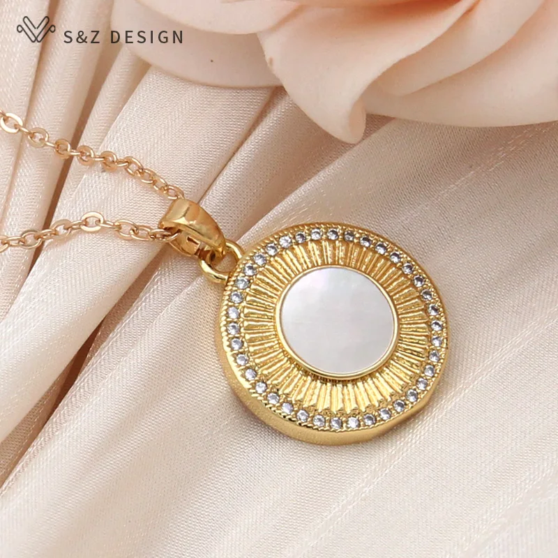 S&Z DESIGN New Fashion Micro Wax Inlay Cubic Zirconia Gold Color Round Shell Pendant Necklace For Women Elegant Classic Jewelry