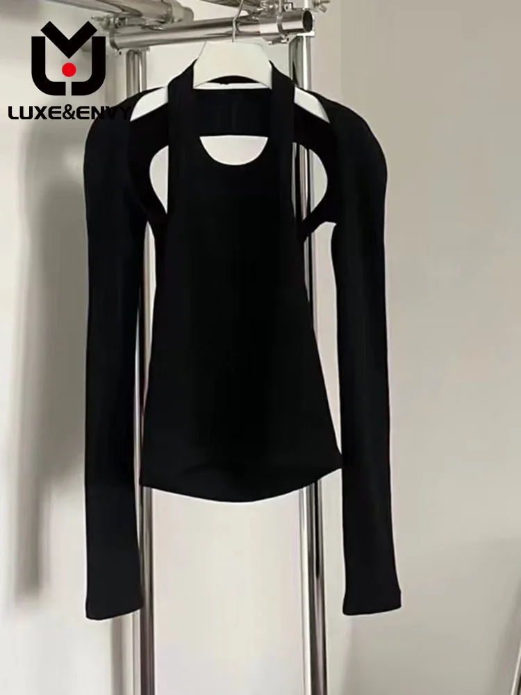 

LUXE&ENVY 2023 Summer Design Spicy Girl Sexy Open Back Slim Fit Tank Top Hanging Neck Bottom Long Sleeve
