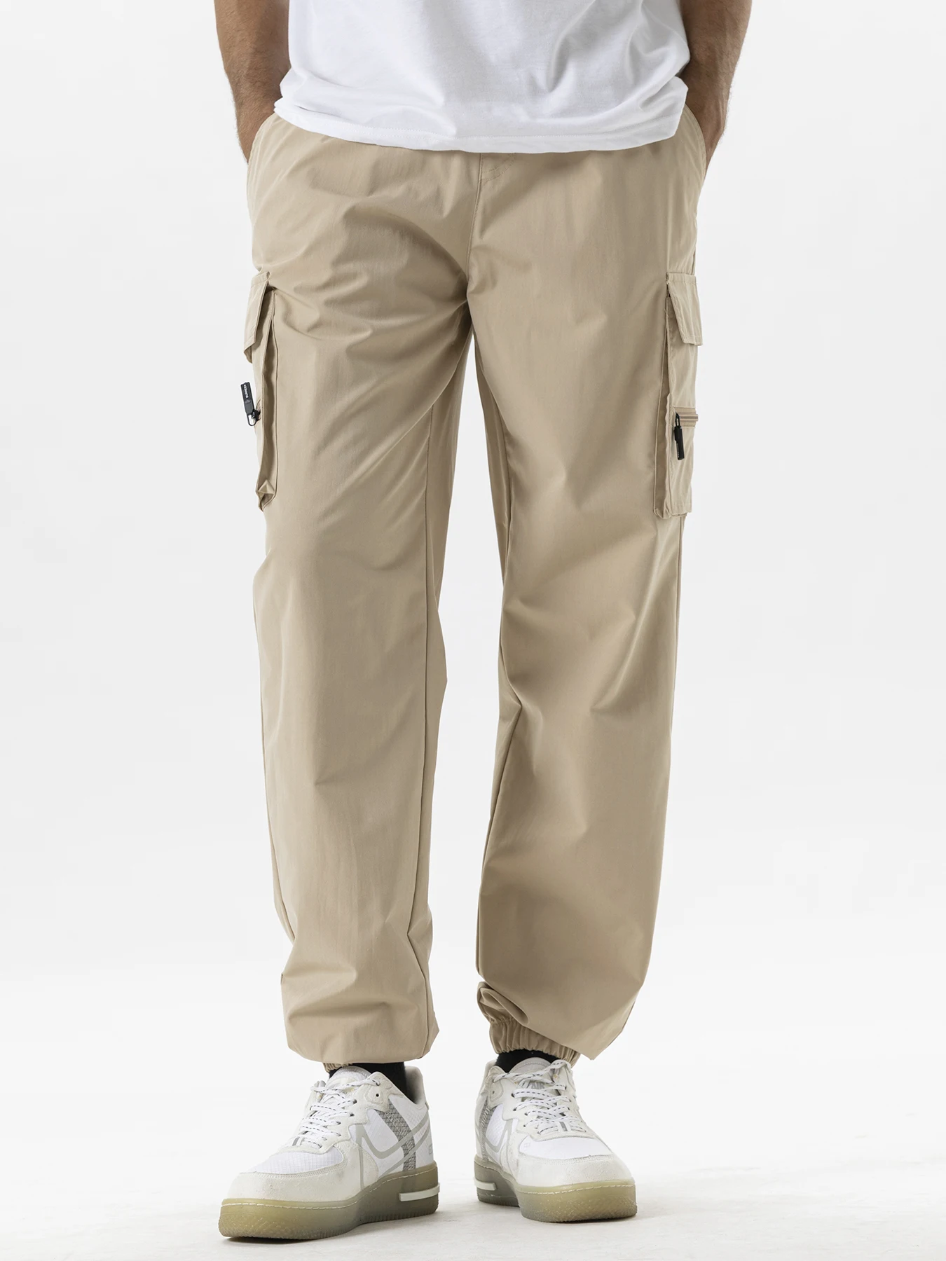 Multi Pockets Solid Color Casual Cargo Pants Mid-Rise Elastic Waistband Drawstring Shrinkable Cuffs Men Sweatpants 2