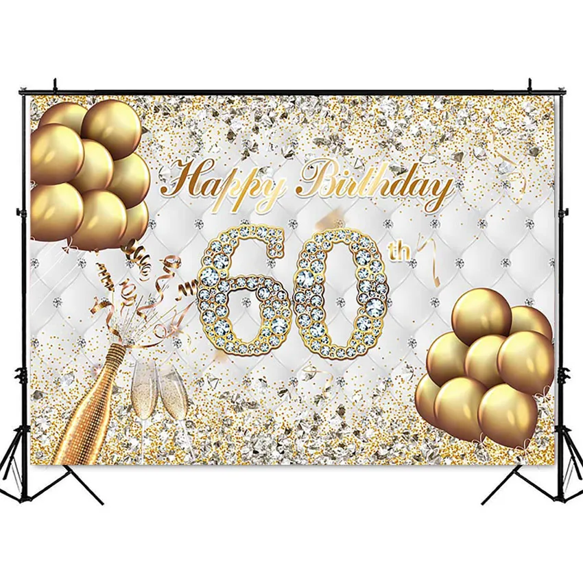 Gold Glitter Birthday Backdrop Diamonds Golden Ballons Champagne 60th Birthday Party Decoration Adult Theme Backdrop photo backdrop party decoration covers
