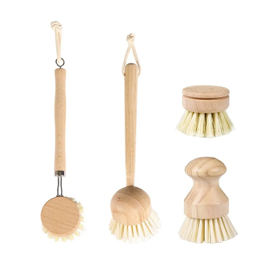 Dish Sisal Solid Wood Creative Pot Brush Long Handle Kitchen Cleaning Brush  Bamboo Kitchen Scrub Dishwashing