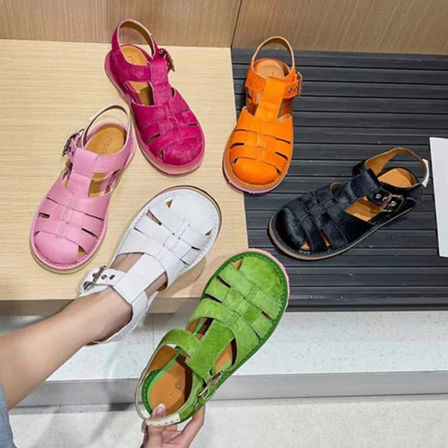 

Jenny&Dave Fashion French Cowhide Genuine Leather Shoes Ins Blogger Color Retro Roman Sandals Summer Flat Sandals For Women