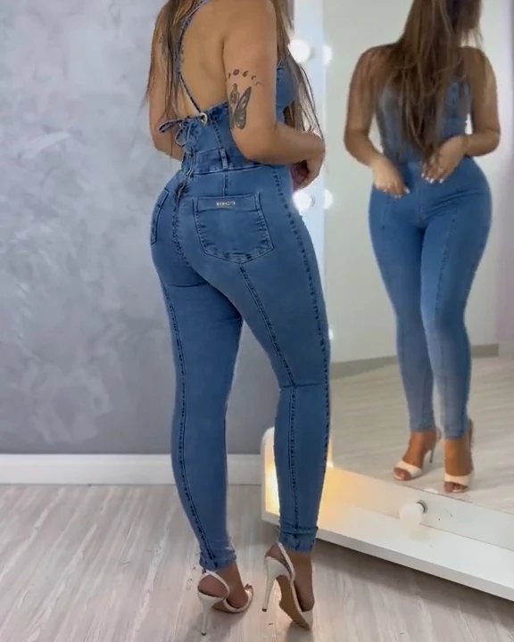 2023 New Tight Xshape Sexy Figure Peach Buttocks Slim Fit Women's Denim Jumpsuit tight sexy jumpsuit women invisible open crotch bodysuit sex quick pants low cut casual women yoga pants club outfits for women