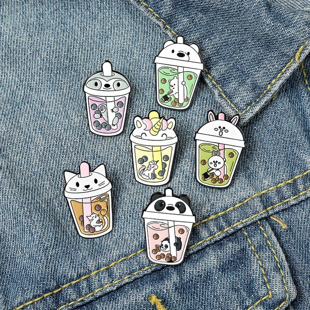 Cartoon Cute Animal Boba Drink Enamel Pin Kawaii Bubble Tea Brooch