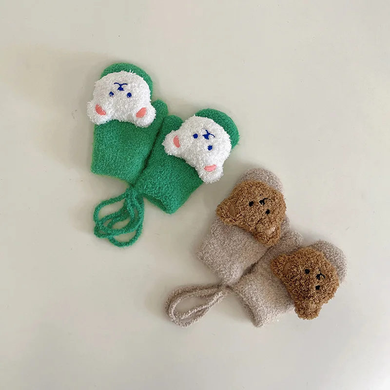 1-4Y Cartoon Bear Baby Mittens Winter Warm Kids Baby Girl Gloves Knitted Children Toddler Thick Mitten