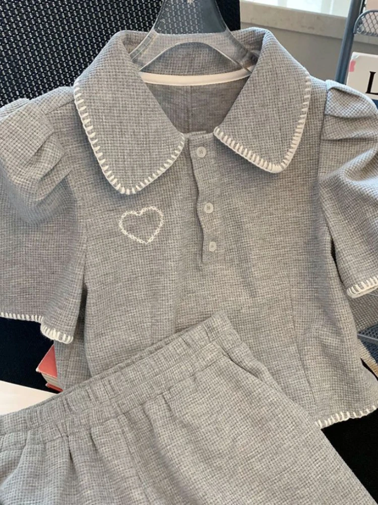 Women's Summer Suit New Shorts Set Hight Waist Casual Thin Waffle Plaid Grey Elegant Puff Sleeve Polo-Neck Shorts 2 Piece Sets