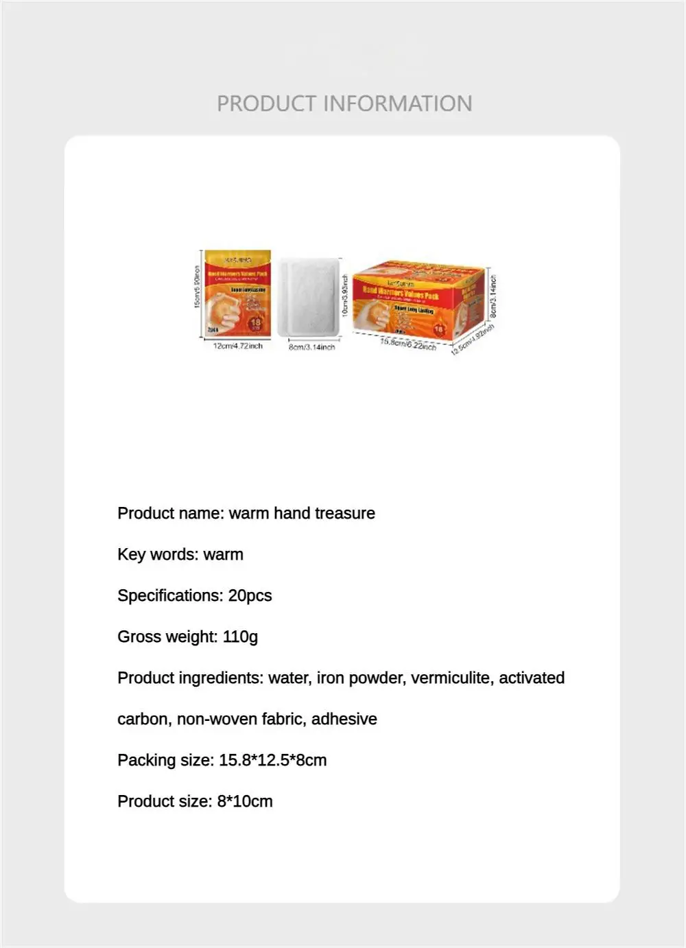 Description Picture 2 of item20Pcs Self Heating Winter Warm Paste Disposable Hand Foot Warmers Heat Packs Warmer Waist Abdomen Body Warmer Heating Pad