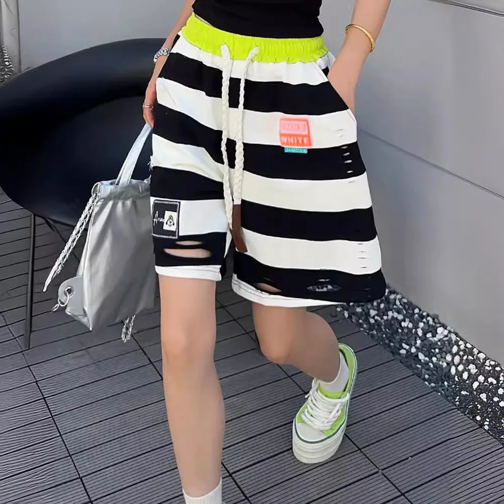 2024 Summer Thin Striped Ripped Shorts Women Loose Leisure Sports Fifth Pants American Style Trendy High Waist Middle Pants
