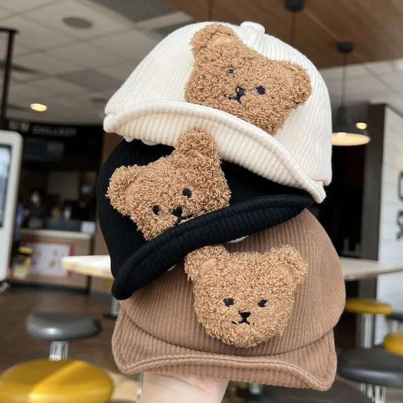 

Cartoon Bear Baby Baseball Cap Solid Adjustable Soft-brim Peaked Hat for Kids Autumn Winter Warm Corduroy Infant Toddler Hats