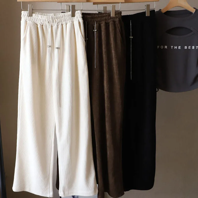 

Winter Velvet Solid Elegant Wide-leg Pants Women Casual High-waist Loose Trousers Sweet Baggy Warm Pants Pantalon Femme 24265