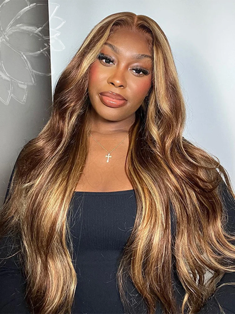 Ombre Honey Blone Wigs 4x4 Body Wave Preplucked Lace Frontal Wig Highlight Brown Human Hair 13x4 Lace Front Wigs For Women