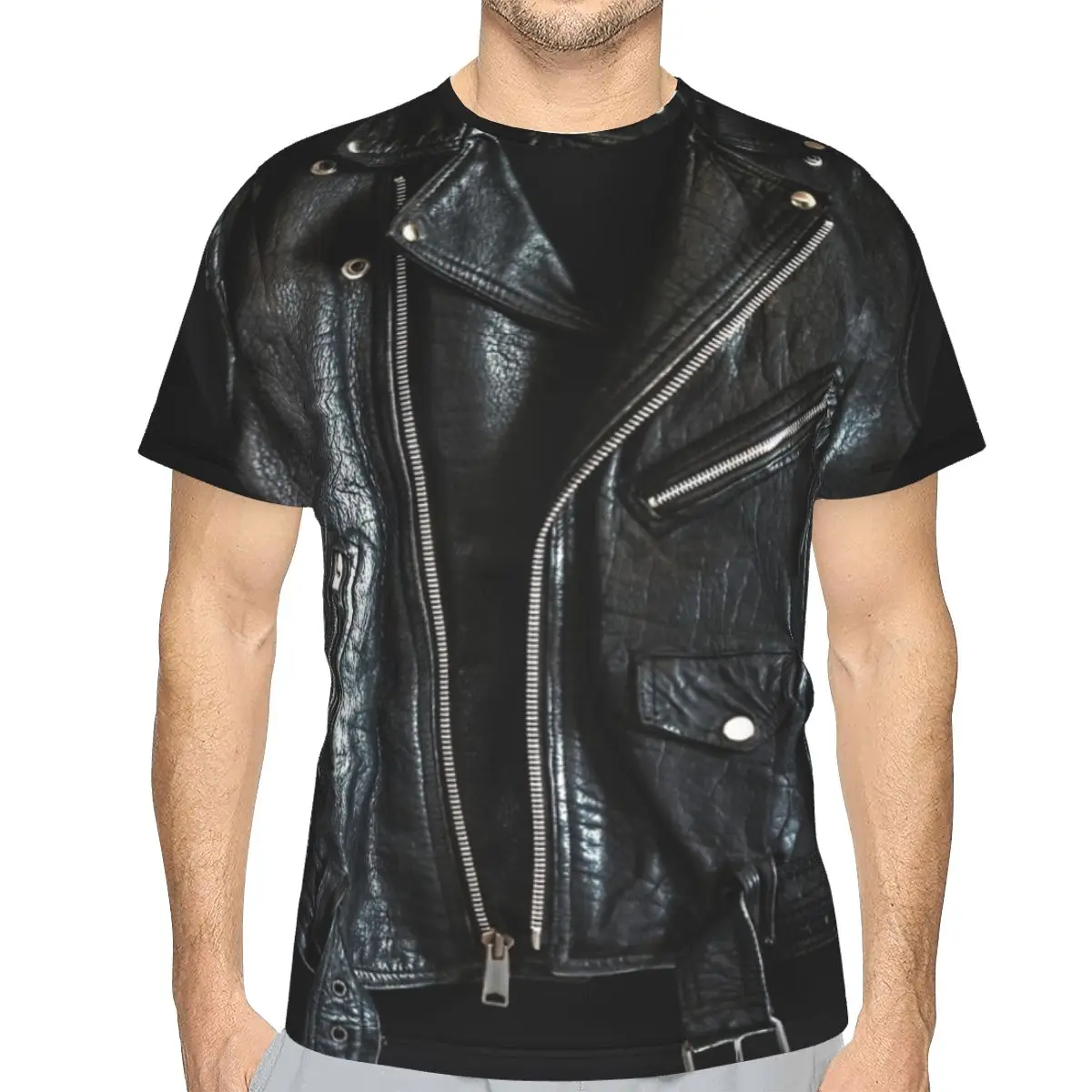 Black Leather Jacket O Neck Polyester TShirt Original Thin T Shirt Man's Clothes Fashion