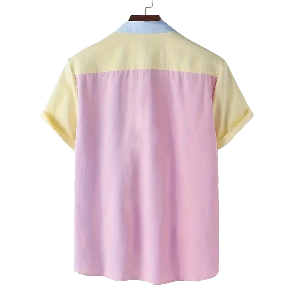 Spring And Summer Shirt Candy Color Contrast Top Lapel Short Sleeve Men's Casual Daily Street Wear Women cotton shirt men casual shirt