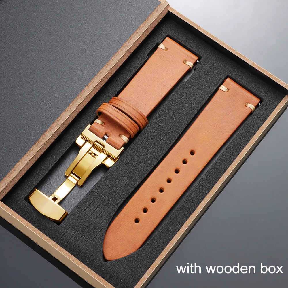 Elegant Top-Grain Leather Watch Band with Butterfly Buckle and Gift Box