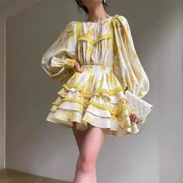 2024 Summer New Printed Temperament Short Skirt Set for  Womens Two Peice Sets  2 Piece Sets Womens Outfits  Dress  Skirt Sets