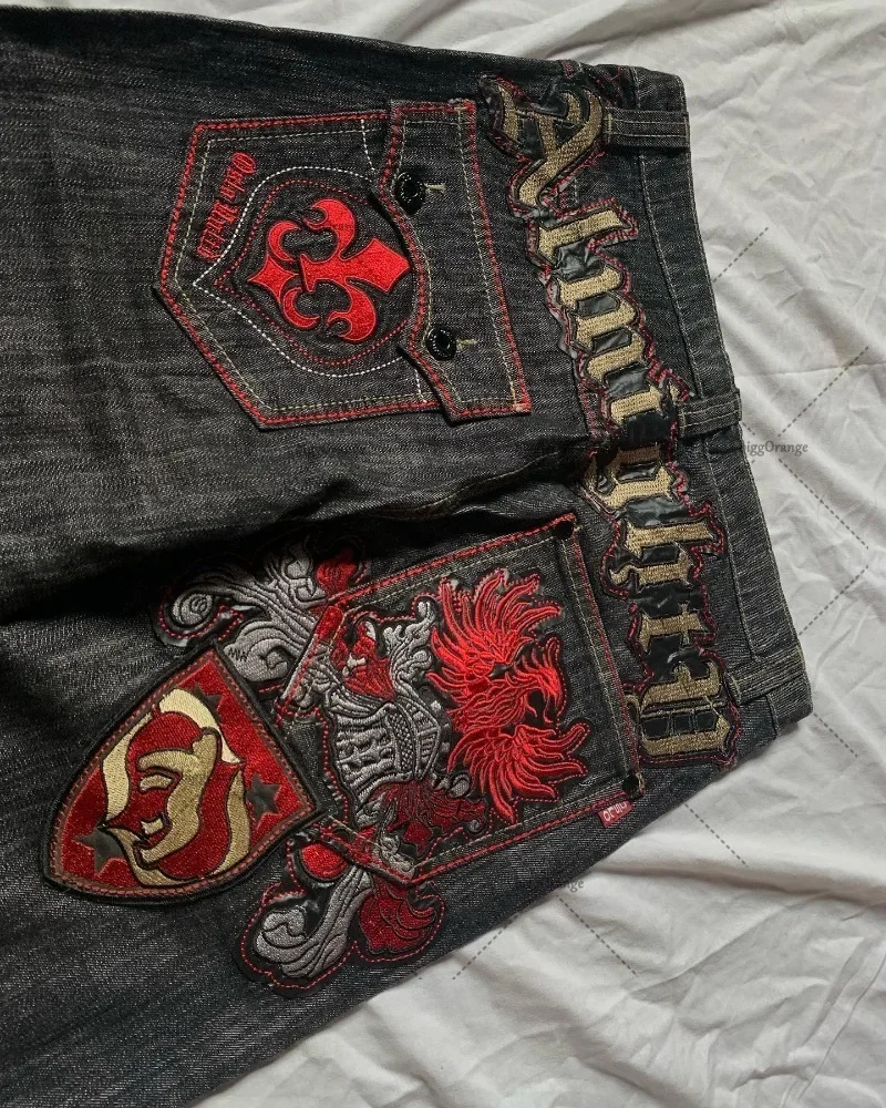 Men's Gothic Harajuku Fashion Wide Leg Jeans Y2K Long Pants American High Street Spliced Monogram Casual Pants