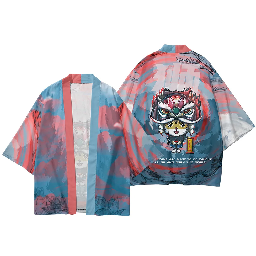 

Cartoon Lion Dance Tiger Printed Gradient Japanese Kimono Streetwear Harajuku Haori Men Women Cardigan Cosplay Shirts Yukata