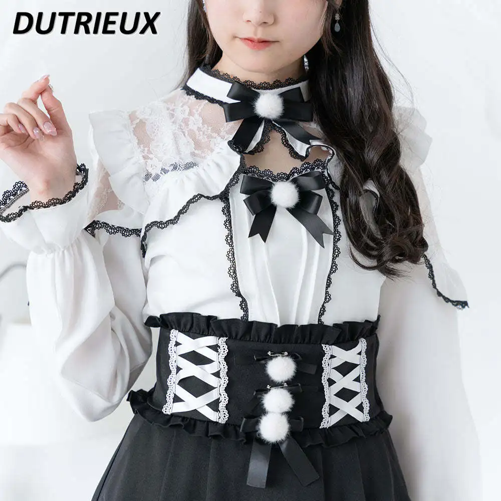 New Japanese Style Sweet Blouse Female Lace Patchwork Spring Autumn Women's Long Sleeve Tops Lace Bow Cute Aldies Lolita Shirt