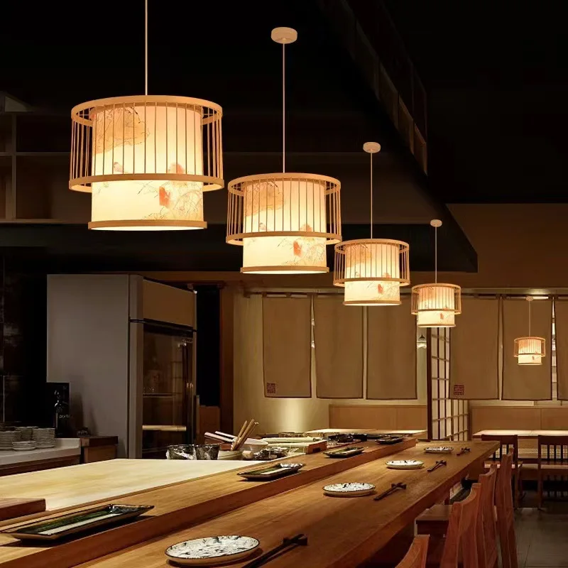 Japanese Style Bamboo and Wood Woven Pendant Light Chinese Dining Table Chandelier E27 LED Indoor Lighting Fixtures Home Decor