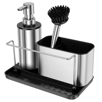 ชุดปั๊มจ่ายสบู่ 3 in 1 พร้อมแปรง ที่วางฟองน้ำ ราวแขวนผ้า ที่จ่ายน้ำยาล้างจานในอ่างล้างจาน อุปกรณ์ทำความสะอาดและจัดเก็บ 1