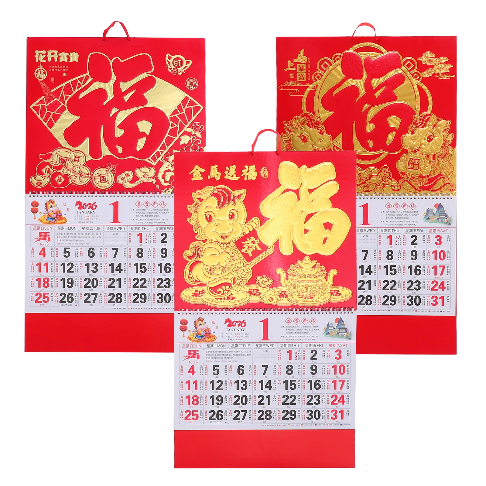 3pcs Chinese Lunar Calendar 2026 Horse Year Theme Chinese Wall Calendar - Spiral Binding Tearable Lunar Year Hanging Planner