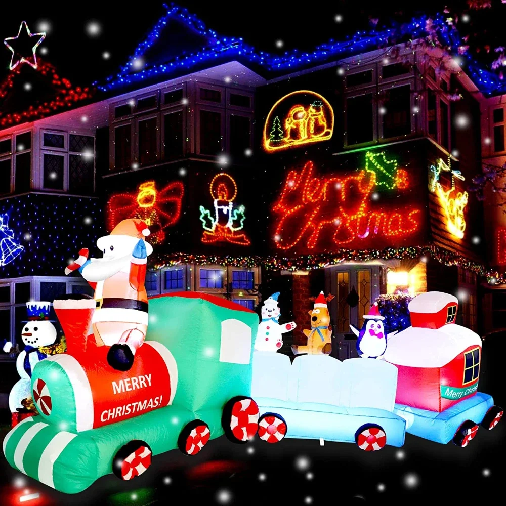 Christmas Inflatable Train with Colorful Lights Santa Claus Penguin Elk Outdoor Decoration for Holiday Lawn Garden Party Decor