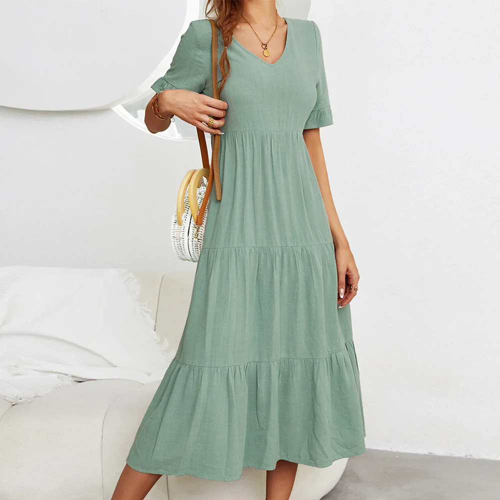 

Women's Solid Color Large Swing Dress 2022 Summer V-neck Casual Dress