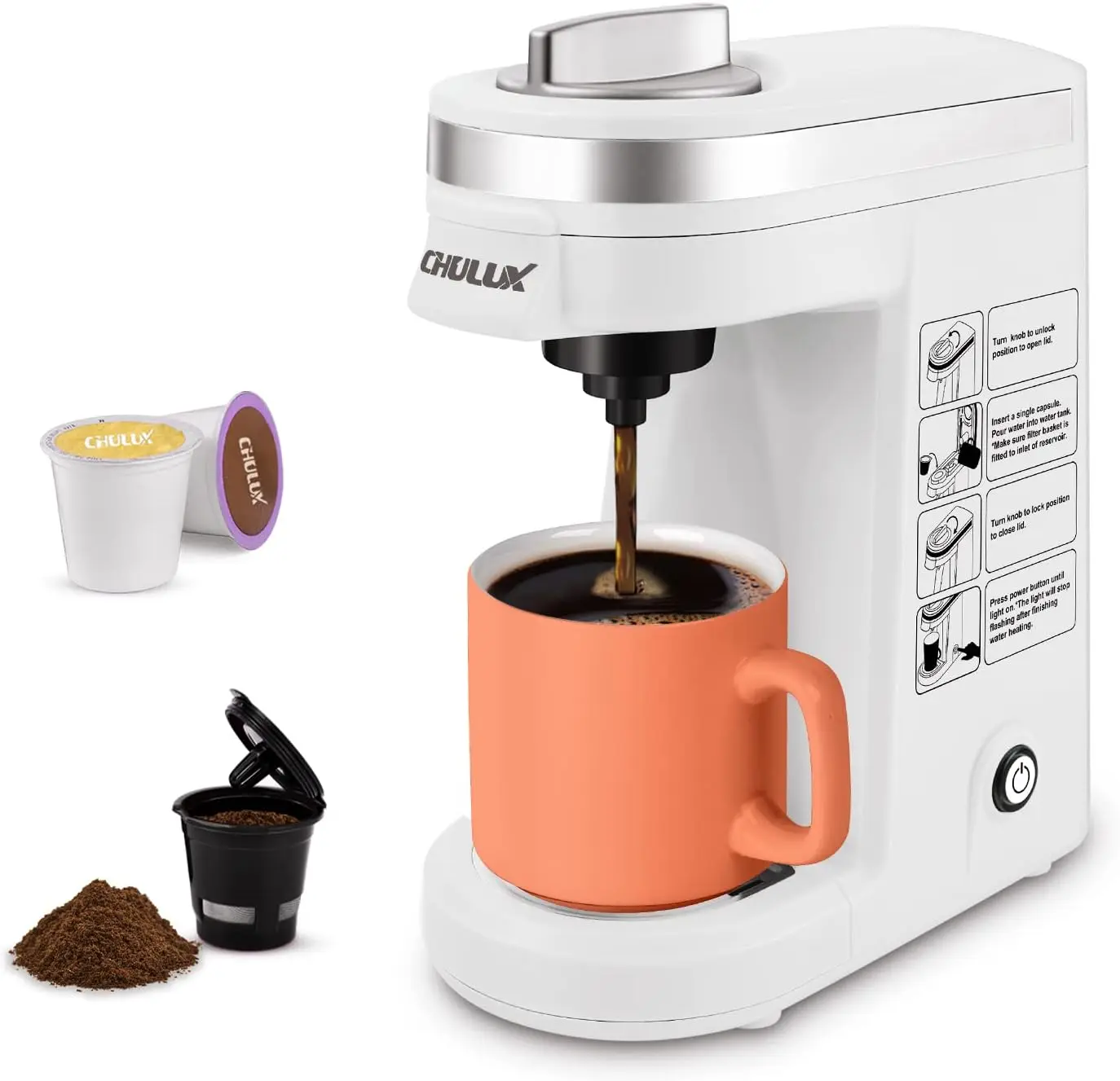 

CHULUX Single Serve Coffee Maker for K-Cup and Ground Coffee, One Cup Coffee Machine with A Reusable Coffee Filter, White