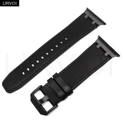 URVOI Vintage Leather Strap for Apple Watch - Durable Fine Design with AP Adapters, 49mm (Black BLK)