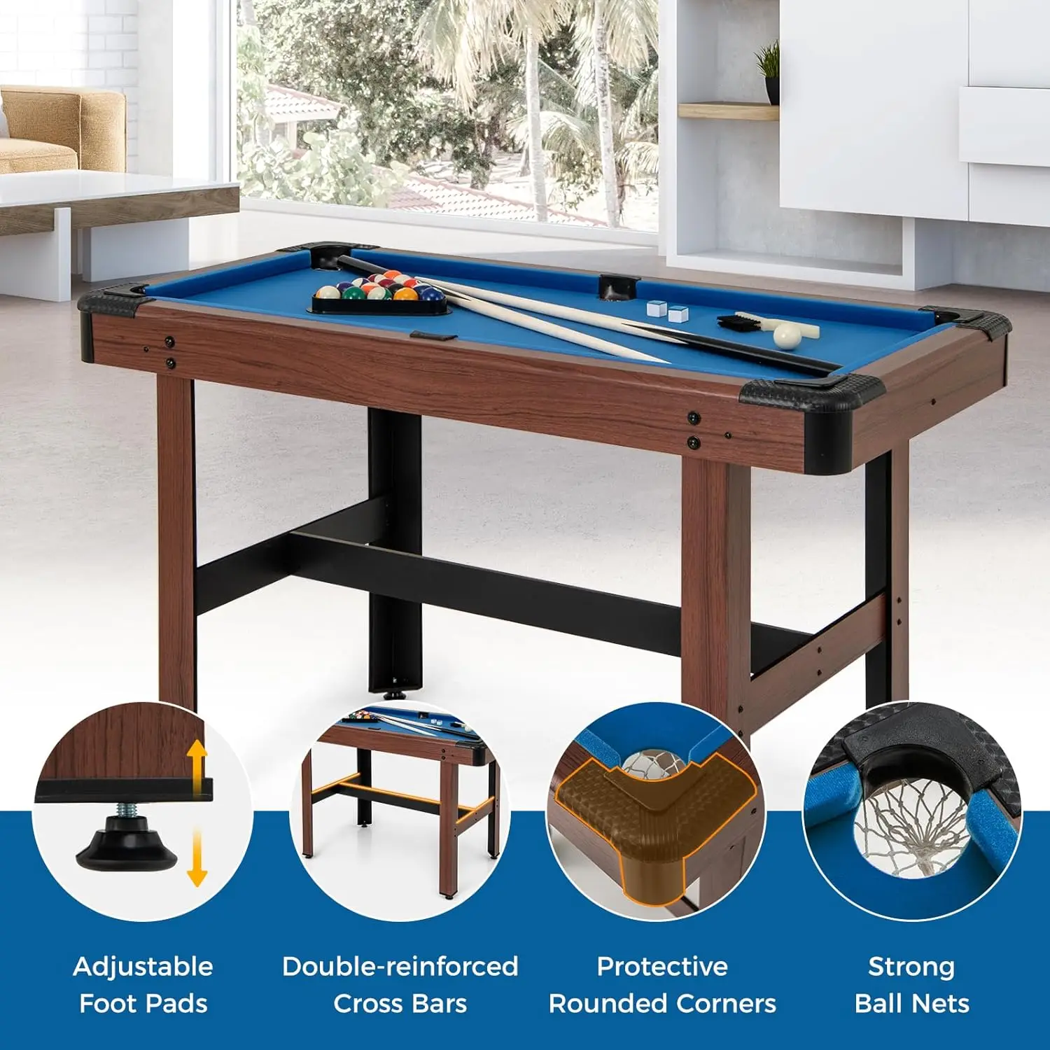 Pool Table, 48 Inch Wooden Billiard Tables with 16 Balls, 2 Cue Sticks, 2 Chalks and Brush, Snooker Table Mini Pool Table for Ki