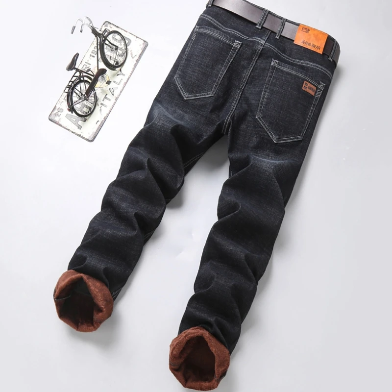 Black Straight Fleece Men Jeans Winter Elasticity Warm Velvet Thick Loose Stretch Denim Trousers Brand Male Fit Pants Baggy